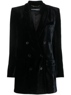 black velvet peak lapels chest welt pocket two front flap pockets double-breasted button fastening shoulder pads long sleeves buttoned cuffs straight hem satin lining Velvet Blazer Dress, Formal Jackets For Women, Versace Shop, Embellished Gown, Velvet Blazer, Double Breasted Jacket, Alberta Ferretti, Looks Style, Black Blazers