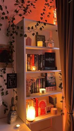 a bookshelf filled with lots of books next to a window covered in curtains