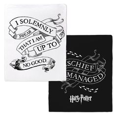 three harry potter themed tea towels one is black and white, the other has hogwart's motto