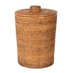 a large woven basket with lid and handle on the bottom, sitting against a white background