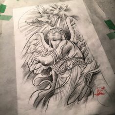 a pencil drawing of an angel holding a cross and two doves on top of it