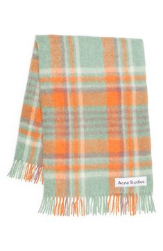 Kill the chill with cheery color wearing a plaid scarf made from a cozy blend enriched with alpaca, wool and mohair. 33% alpaca, 25% wool, 22% nylon, 20% mohair Dry clean Made in Italy Women's Designer Clothing Certified to the Responsible Wool Standard (RWS) to meet rigorous animal-welfare and land-management requirements 78 3/4" x 55" Acne Shop, Land Management, Checked Jacket, Scarf Poncho, Animal Welfare, Alpaca Wool, Wool Plaid, Wool Scarf, Fashion Drawing