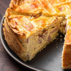 a close up of a pie on a plate