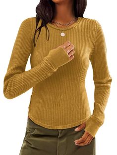 PRICES MAY VARY. 【Soft & Thermal】Micticsi women long sleeve tops are made of premium waffle knit fabric, which are soft, comfy and warmth. Waffle knit shirts give you a comfortable wearing experience in this new season. Crew neck t shirts for women are the must-have tops in your wardrobe. 【Trendy Design】This thermal long sleeve shirts are featured with curved hem, slim fit style shows off your beautiful body curves. The thumb holes are designed to keep the entire sleeve in place during every mov Thermal Tops For Women, Textured Knit Long Sleeve Top, Waffle Knit Fall Tops, Fall Solid Color Waffle Knit Tops, Casual Long Sleeve Waffle Knit Top, Long Sleeve Waffle Knit Sweater, Solid Waffle Knit Long Sleeve Sweater, Crew Neck Waffle Knit Sweater, Crew Neck Waffle Knit Sweater In [color]