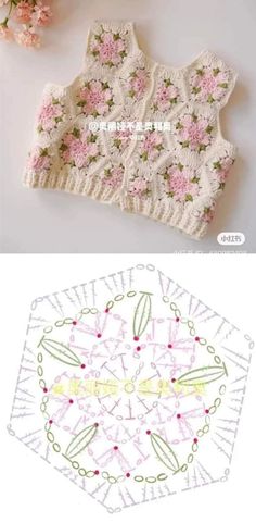 crochet pattern for a sweater with flowers on the front and side, along with instructions to make it