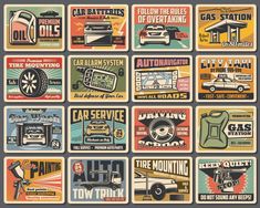 vintage car service signs are displayed on a wall in an old - fashioned poster style