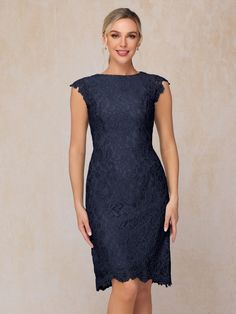 Dark_Navy Knee Length Mother Of The Groom Dresses, Mother Of The Bride Looks, Lace Wedding Guest Dress, Knee Length Lace Dress, Cap Dress, Lace Neckline, Sleeves Dress, Lace Sheath Dress, Mother Of The Bride Dress