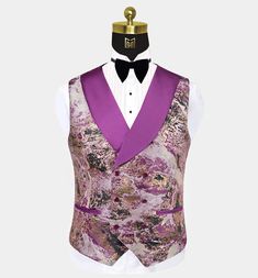 Are you fond of abstract prints? This 3 piece purple and gold tuxedo is just what you are looking for! The pattern is depicted in a beautiful way, with some exotic touches thrown in as well – the entire vibe is quite mysterious, which enhances the appeal of the ensemble. Purple is prominently used in the peaked lapels – the smooth and flawless feel adds to the classiness of the outfit. As mentioned, the pattern is abstract art with thrilling hues of purple and gold and a hint of black at times. Purple Tuxedo, Gold Tuxedo, Velvet Bow Tie, Black Velvet Bow, Black Bow Tie, Bow Tie Set, Polyester Pants, Tuxedo Shirts, Tuxedo Suit