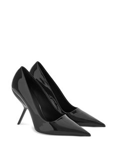 Find SALVATORE FERRAGAMO Eva 105mm Pointed-toe Pumps on Editorialist. black goatskin patent finish pointed toe slip-on style branded insole 105mm stiletto heel leather sole Black Glossy Heels With Pointed Toe, Black Glossy Pointed Toe Heels, Black Glossy Finish Heels With Pointed Toe, Luxury Pointed Toe Heels With Glossy Finish, Luxury Glossy Pointed Toe Heels, Luxury Glossy Finish Pointed Toe Heels, Luxury Pointed Heels With 4-inch Heel, Designer Pointed Toe Heels With Glossy Finish, Sleek Patent Leather Pointed Heels