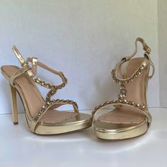 Size - 8.5. Gold With Jewels On Straps Gold Synthetic Sandals With 4-inch Heel, Gold Sandals With 4-inch Heel In Synthetic Material, Tan Pumps, Black Stiletto Heels, Knee High Heels, White Sandals Heels, T Strap Heels, Sandal Shoes, Black Stilettos