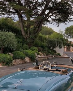 an old blue car parked on the side of a road next to a lush green forest