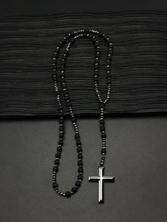 Men Cross Charm Beaded Necklace Black Fashionable   Stone     Men Fashion Jewelry, size features are:Bust: ,Length: ,Sleeve Length: Men's Necklace Jewelry, Beads Necklace For Men, Cross Charm Necklace, Raw Stone Necklace, Mens Fashion Jewelry, Paracord Projects, Long Necklaces, Beaded Cross, Men Jewelry