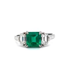 Three Stone 1.00 Square Cut Emerald & Diamond Ring in Platinum - Filigree Jewelers