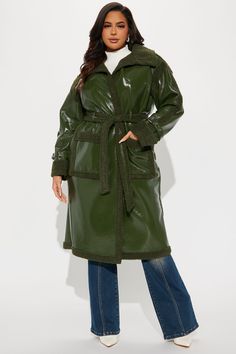 Available In Olive And Black. Trench Coat Collar Long Sleeve Patent Faux Leather Sherpa Lining Belted Pockets Fully Lined Self: 100% Polyurethane Base Fabric/Lining: 100% Polyester Imported | Bad Ideas Shearling Trench Coat in Olive Green size 2X by Fashion Nova Trench Coat Collar, Coat Collar, Olive Fashion, Black Trench Coat, Sherpa Lined, Jacket Style, Fashion Nova, Olive Green, Trench Coat