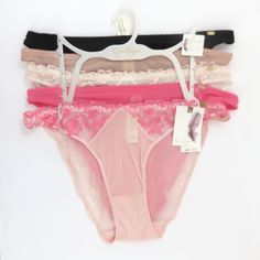 New With Tags Size Large 58% Nylon 42% Spandex Mesh And Lace Underwear Feminine Pink Swimwear With Built-in Bra, Pink Stretch Lined Bottoms, Seamless Pink Nylon Swimwear, Pink Feminine Swimwear With Built-in Bra, Feminine Stretch Brief Swimwear, Feminine Pink Underwire Swimwear, Feminine Seamless Pink Bottoms, Pink Seamless Brief Swimwear, Pink Stretch Swimwear Briefs