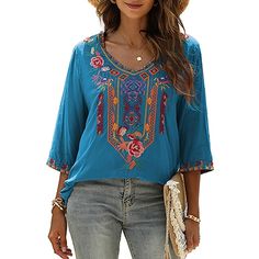 Season:Summer; Fabric:Rayon; Sleeve Length:3/4 Length Sleeve; Look After Me:Machine wash; Gender:Women's; Style:Boho; Elasticity:Inelastic; Tops Type:Blouse; Occasion:Daily; Top Length:Regular Tops; Fit Type:Loose Fit; Pattern:Geometric; Design:Embroidered; Neckline:V Neck; Front page:FF; Listing Date:06/17/2024; Production mode:External procurement; Bust:null; Shoulder Width:null; Sleeve:null; Fit US Size:null; Fit UK Size:null; Fit EU Size:null Bohemian Spring Tops With 3/4 Sleeves, Bohemian Half Sleeve Summer Tops, Spring Bohemian Half Sleeve Blouse, Spring Bohemian Half-sleeve Blouse, Bohemian Half Sleeve Blouse For Spring, Bohemian Embroidered Blouse With 3/4 Sleeves, Bohemian Top With Floral Embroidery And Half Sleeves, Bohemian Cotton Blouse With 3/4 Sleeves, Summer Boho Print Folk Blouse