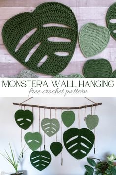 crocheted monster leaves hanging on the wall