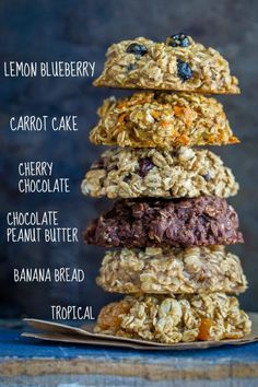 a stack of oatmeal cookies on top of each other with the words, lemon blueberry carrot cake cherry chocolate peanut butter banana bread