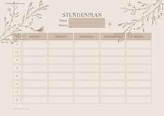 a printable calendar with branches and birds on the top, in light brown tones