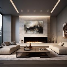 a modern living room with white couches and a large painting above the fire place