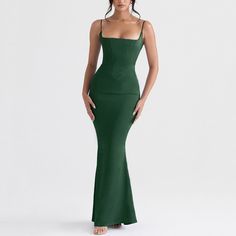 Shiloh - Green Satin Maxi Bodycon Dress - Model Mannequin Fitted Backless Dress With Straight Neckline, Square Neck Dresses For Gala And Prom Season, Square Neck Dress For Gala During Prom Season, Bodycon Spaghetti Strap Dress For Gala, Fitted Maxi Length Gown, Evening Maxi Dress With Corset Back, Fitted Maxi Slip Dress For Night Out, Fitted Maxi Length Slip Dress For Night Out, Maxi Length Backless Dress With Corset Back