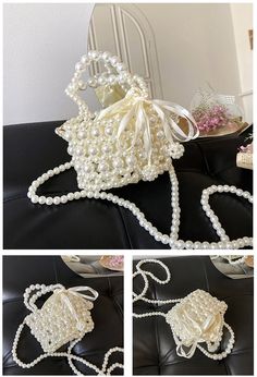 Mini pearl beaded crossbody bag with detachable shoulder straps and pouch. 22cm height x 16cm width x 11cm thick / 8.66" x 6.3" x 4.33" Summer Shoulder Bag With Pearl Handle And Pouch Shape, Summer Pouch Shoulder Bag With Pearl Handle, Summer Pearl Handle Pouch Shoulder Bag, Elegant White Bucket Bag With Phone Holder, White Crossbody Evening Bag For Mobile Phone, Elegant White Bucket Bag With Mobile Phone Holder, White Crossbody Evening Bag With Phone Holder, White Evening Shoulder Bag With Mobile Phone Pocket, White Handheld Bag With Pearl Handle