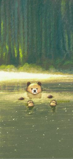 a painting of a teddy bear in the water with its head above the water's surface