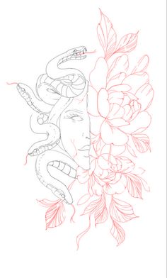 a drawing of a woman's face with flowers in her hair and snake around her neck