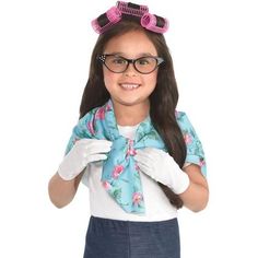 100 days in school is an exciting milestone so dress your child up to celebrate with a 100th Day of School Grandma Costume Accessory Kit! This accessory kit includes a blue floral scarf white gloves and pink hair rollers. You can pair these accessories with the rest of your child's grandma costume. Make the 100th day of school extra fun for your little one by dressing them up with this kit! Shoes shirt and pants not included. Girls 100th Day of School Grandma Costume Accessory Kit product detail Pink Hair Rollers, Grandma Costume, 100 Días De Clases, Old Lady Costume, School Costume, 100 Day Celebration, Historical Women, School Dress, Halloween Costume Shop