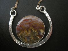 "Pink, yellow, red, green. So many colors in this stone. Set simply in sterling silver with a little hammered texture. I added a rose gold (filled) chain to bring out the pink in the agate.  Pendant: 1.5\" x 1.75\" Chain: 20\"" Elegant Agate Pendant Jewelry, Hand-forged Agate Pendant Necklace, Elegant Agate Pendant Gemstone, Artisan Agate Oval Pendant Necklace, One-of-a-kind Agate Pendant Jewelry, Handmade Pendant Necklace, Hematite Necklace, Chainmail Jewelry, Metalsmithing Jewelry