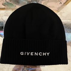 Authentic Givenchy Beanie Hat Brand New With Tags Black With White Embroidery Designer Winter Hats With Curved Brim, Designer Black Winter Hat, Elegant Black Beanie Hat, Givenchy Hat, Outfit Inspo Casual, White Embroidery, Beanie Hat, Style Icon, Beanie Hats