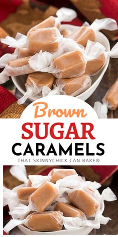 brown sugar caramels are stacked on top of each other in small white bowls