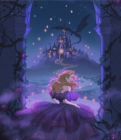 a princess sitting in front of a castle at night with her hair blowing in the wind