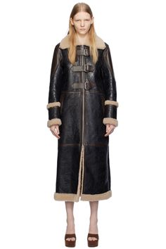 Blumarine: Black & Brown Long Shearling Coat | SSENSE Sherling Coat, Leather Fur Coat, Shearling Coat Womens, Faux Fur Lined Coat, Lambskin Coat, Long Fur Coat, Custom Leather Jackets, Luxury Outerwear, Fur Leather Jacket