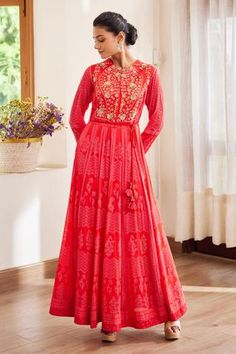 Shop for Shyam Narayan Prasad Red Chinnon Hand Block Print Anarkali Trouser Set for Women Online at Aza Fashions Block Print Anarkali, Flared Anarkali, Zardozi Work, Geometric Motifs, Satin Color, Hand Block Print, Set For Women, Anarkali, Aza Fashion