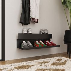 there is a shelf with several pairs of shoes on it next to a potted plant