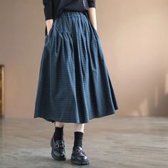 Lasaky - Vintage Retro Print Loose Fit High Waist A-Line Skirt Checked Skirt, Linen Casual, Elegant Skirt, Fall Skirts, Plaid Fashion, Maxi Skirts, Blue Midi Dress, Mode Vintage, Plaid Skirts