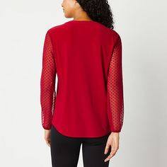 This Black Label by Evan-Picone women's blouse features a bold red hue, a chic split crew neckline, and sheer long sleeves adorned with a subtle dotted pattern that adds a little something special to any look. It's crafted from knit fabric and has a regular-fit. Wear it with pants and knee-high boots. Closure Type: Pullover HeadFit: Regular FitNeckline: Split Crew NeckSleeve Length: Long SleeveSleeve Style: Lace SleeveApparel Length: 27 InchesFiber Content: 96% Polyester, 4% ElastaneFabric Desc… Red Fire, Red Blouses, Black Label, Shop Blouses, New Black, Shirts Tops, Long Sleeve Tshirt Men, Sleeve Blouse, Split