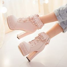 Lace Lolita Platform High Heels Boots White,14 White,14 White,14 Flower Heels, Dr Shoes, High Heeled Boots, High Heels Boots, Kawaii Shoes, Heels Classy, High Shoes, Heels Boots, Platform High Heels