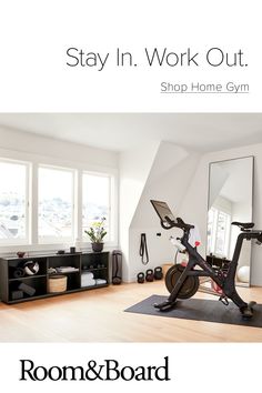 an advertisement for a gym equipment store with the words stay in work out shop home gym