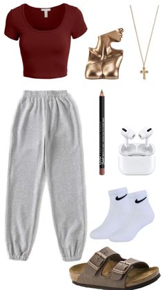 a woman's outfit with shoes, sandals and lipstick