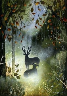 a painting of two deer in the woods