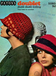 an advertisement for patons'double knitting, featuring two women wearing knitted hats