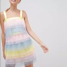 Only Worn Once! Pastel Dresses For Spring Party, Pastel Sleeveless Dress For Party, Pastel Sleeveless Party Dress, Pastel Sleeveless Dress With Ruffles, Pastel Mini Dress For Summer, Pastel Mini Length Summer Dress, Pastel Sleeveless Spring Dresses, Pastel Mini Dress For Spring, Rainbow Unicorn Party