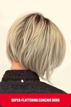 Textured and short, blonde a-line concave bob Concave Bob Hairstyles, Tan Skin Blonde Hair, Messy Bob Hairstyles, Strawberry Blonde Hair Color, Choppy Bob Haircuts