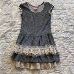 New But No Tags Lipstik Girls Dress Size 7 Gray, Tiered With Lace Shirt Sleeves Stretch Cotton Dress With Lace Trim, Gray Lace Dress, Outfit Plan, Loose Outfit, Swaggy Outfits, Everyday Dresses, Lace Shirt, Girls Dress, Fashion Sewing