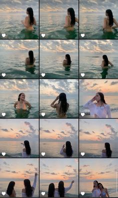 multiple pictures of a woman in the water with her hands up to her face and arms out