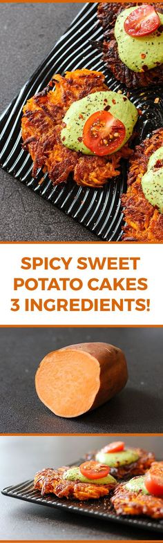 some food is sitting on a grill with the words spicy sweet potato cakes 3 ingredients