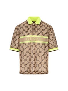 100% Polyester Designer Collared Polo Shirt With Logo, Gucci Cotton Polo Shirt, Gucci Cotton Short Sleeve Polo Shirt, Casual Gucci Polo Shirt, Gucci Casual Collared Polo Shirt, Casual Gucci Collared Polo Shirt, Summer Fitted Gucci Tops, Collared Tops With Logo Print For Summer, Summer Collared Tops With Logo Print