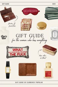 a gift guide for the women who has everything in her purse and other things on display